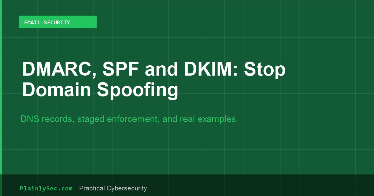 PlainlySec cover for DMARC SPF and DKIM email security guide