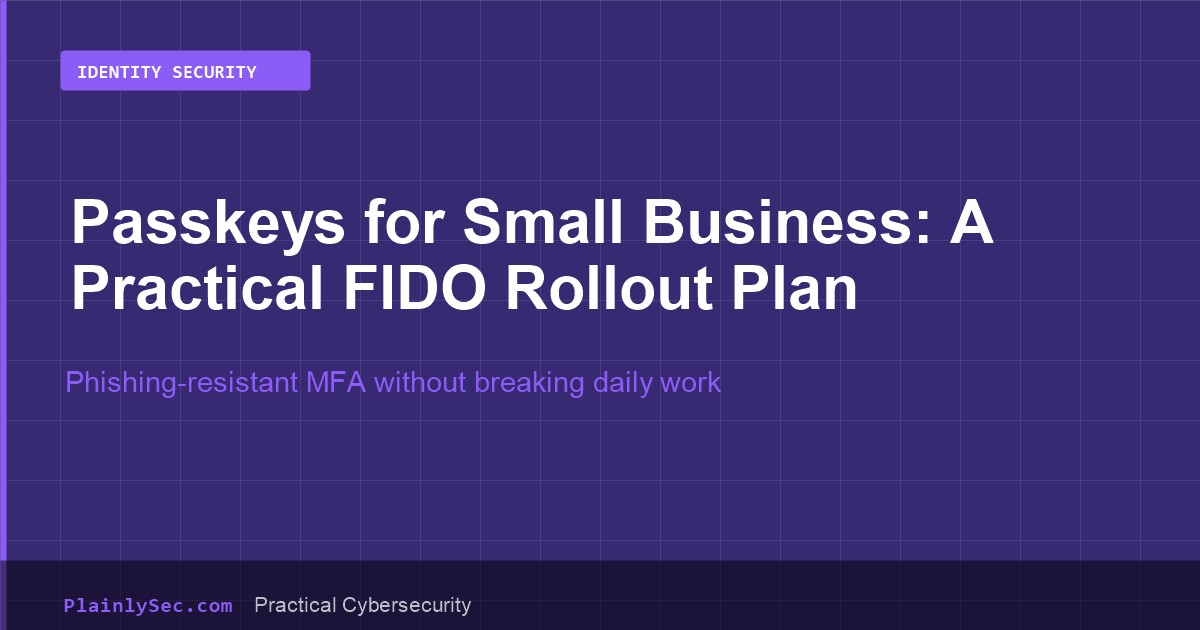 PlainlySec cover for a passkeys and FIDO rollout guide